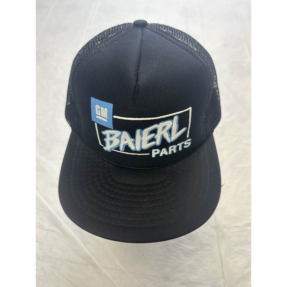 Vintage 80's Puff Print GM General Motors Black Snapback Trucker Hat Licensed
